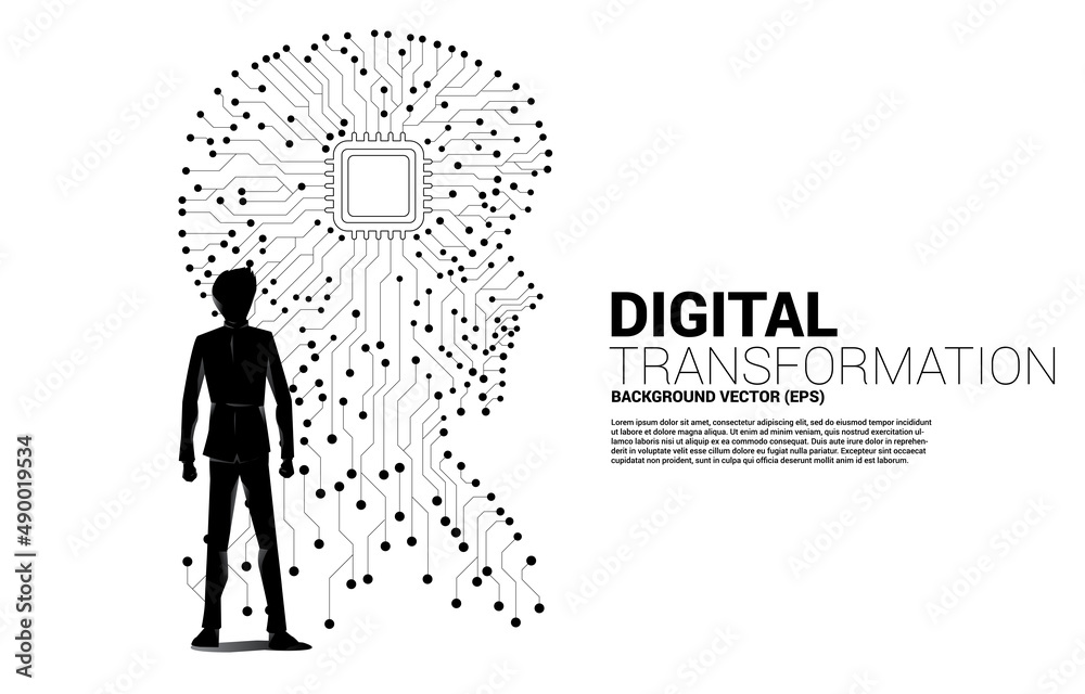 Aufkleber silhouette of businessman standing with man head from dot connect line circuit board style with processor . Concept background human future and technology