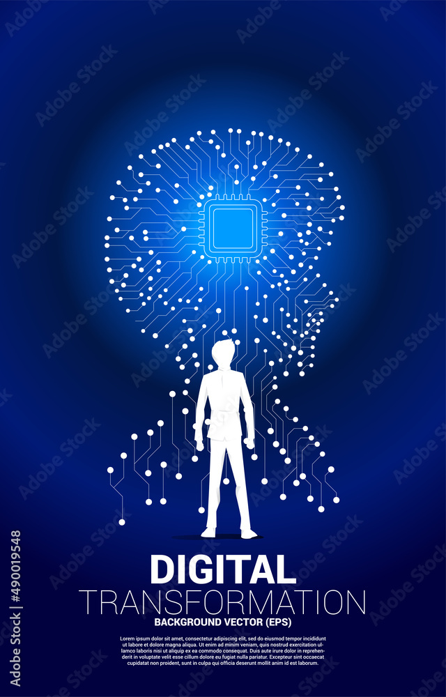 Poster silhouette of businessman standing with man head from dot connect line circuit board style with processor . Concept background human future and technology