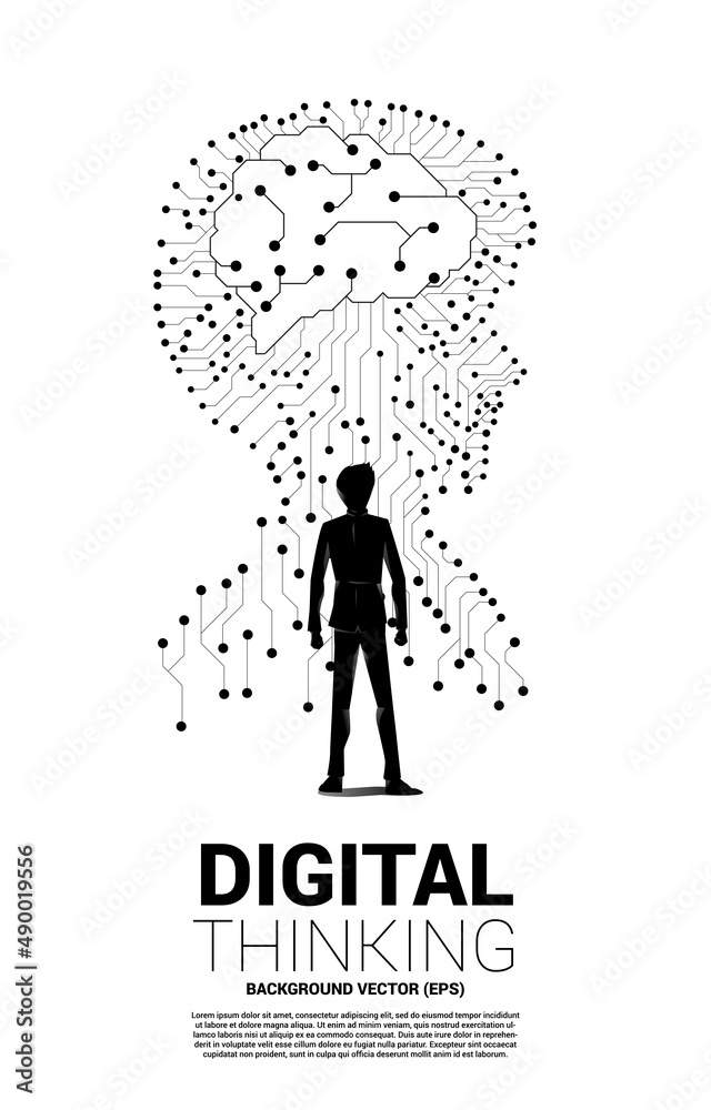 Poster silhouette of businessman standing with man head from dot connect line circuit board style with with brain. Concept background human future and technology