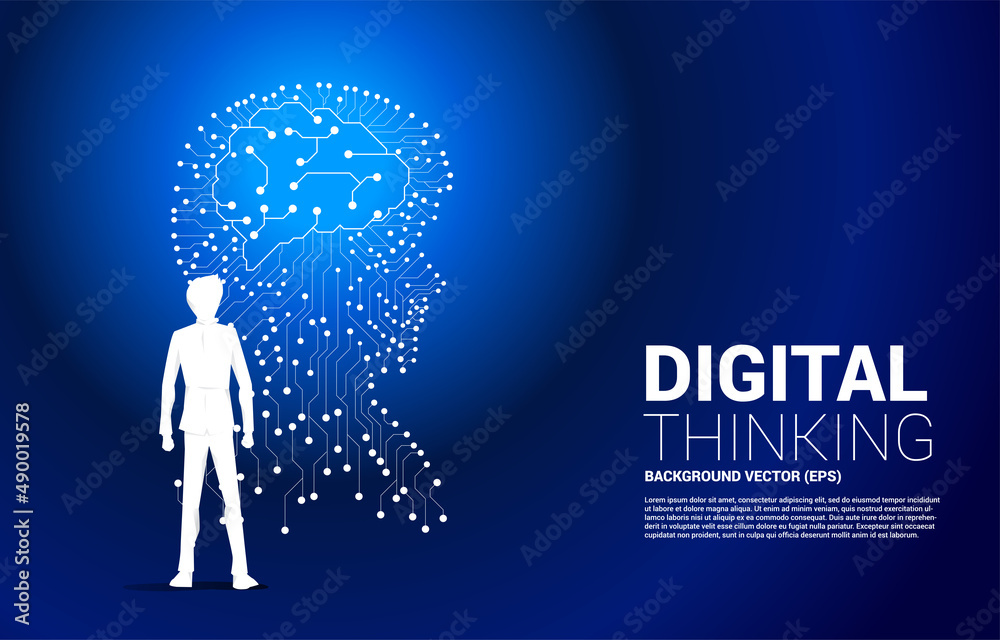 Poster silhouette of businessman standing with man head from dot connect line circuit board style with with brain. Concept background human future and technology