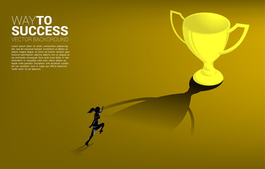 Silhouette of Businesswoman running on golden trophy. Concept for business direction and mission vision