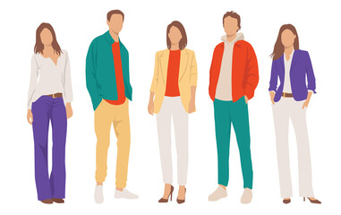 Obraz premium Set of young men and women, different colors, cartoon character, group of silhouettes of standing business people, students, the design concept of flat icon, isolated on white background