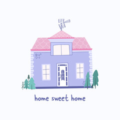 Vector cartoon purple house. Cute building. Child town illustration. Hand drawn flat vector illustration, isolated on white.