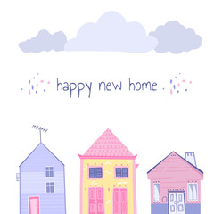 Vector cartoon bright pink, yellow and purple houses. Cute building. Child town illustration. Hand drawn flat vector illustration, isolated on white.