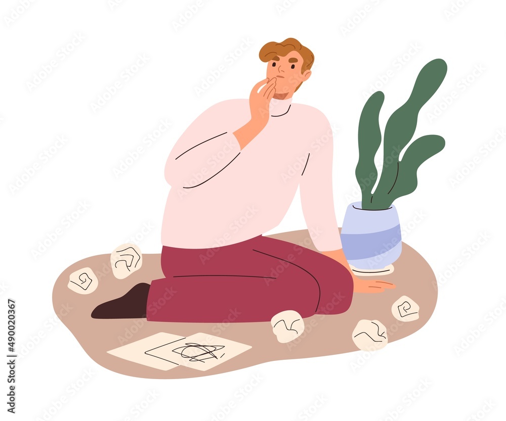 Poster Creative writer with crumpled papers around. Creativity crisis concept. Confused author with difficulties, problems in thinking, creating process. Flat vector illustration isolated on white background