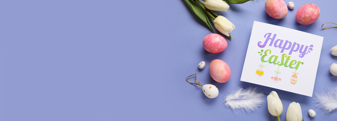 Beautiful Easter composition with greeting card, painted eggs and flowers on color background with space for text