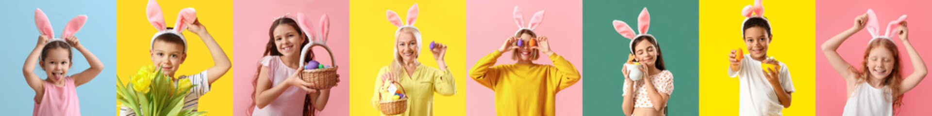 Group of people with bunny ears and Easter eggs on color background