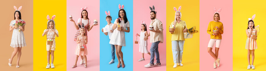 Group of people with bunny ears and Easter eggs on color background