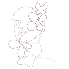 Continuous line contour drawing of a woman face with flowers and a butterfly. Modern minimalism art.