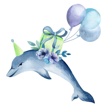 watercolor illustration happy birthday, animals, flowers, gifts, balloons, for cards, sublimation, dya, birthday, child
