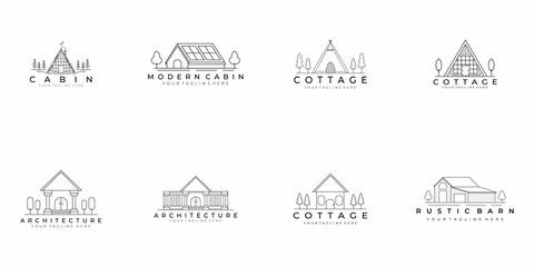 building logo set icon design architecture rustic barn cabin vector illustration line art outdoor nature business
