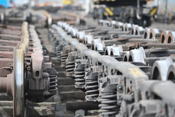 Almaty region / Kazakhstan - 04.11.2012 : Railway wheel. The running gear for locomotives is on the rails.