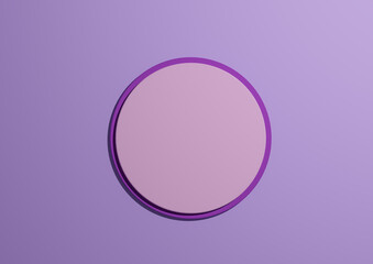3D illustration of a light pink circle podium or stand top view flat lay product display minimal, simple pastel purple background with copy space for text 