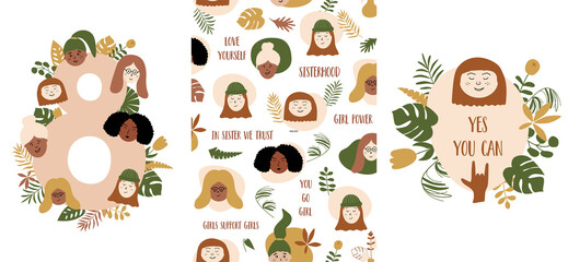 International Womens Day cards set. 8 march templates for card, poster, flyer. Abstract women diverse faces of different ethnicity. Vector illustration.