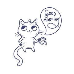 Card with  cute cartoon cat with cap.  Funny doodle kitten. Vector contour image. Beautiful animal print. Good morning.