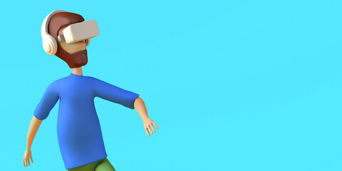 Portrait of man floating using virtual reality headset on yellow background. Copy space. 3D illustration. Cartoon.