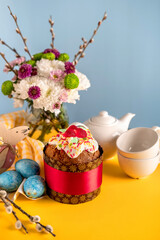 Happy Easter concept. Congratulatory easter background. Easter eggs and flowers. Easter Card