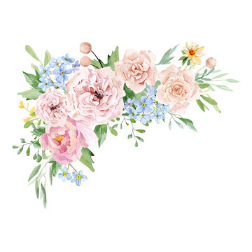 Watercolor floral corner border.  Blush pink rose, peonies, blue wildflowers with leaves and branch isolated on white background. Spring illustration for wedding invitation, design logo