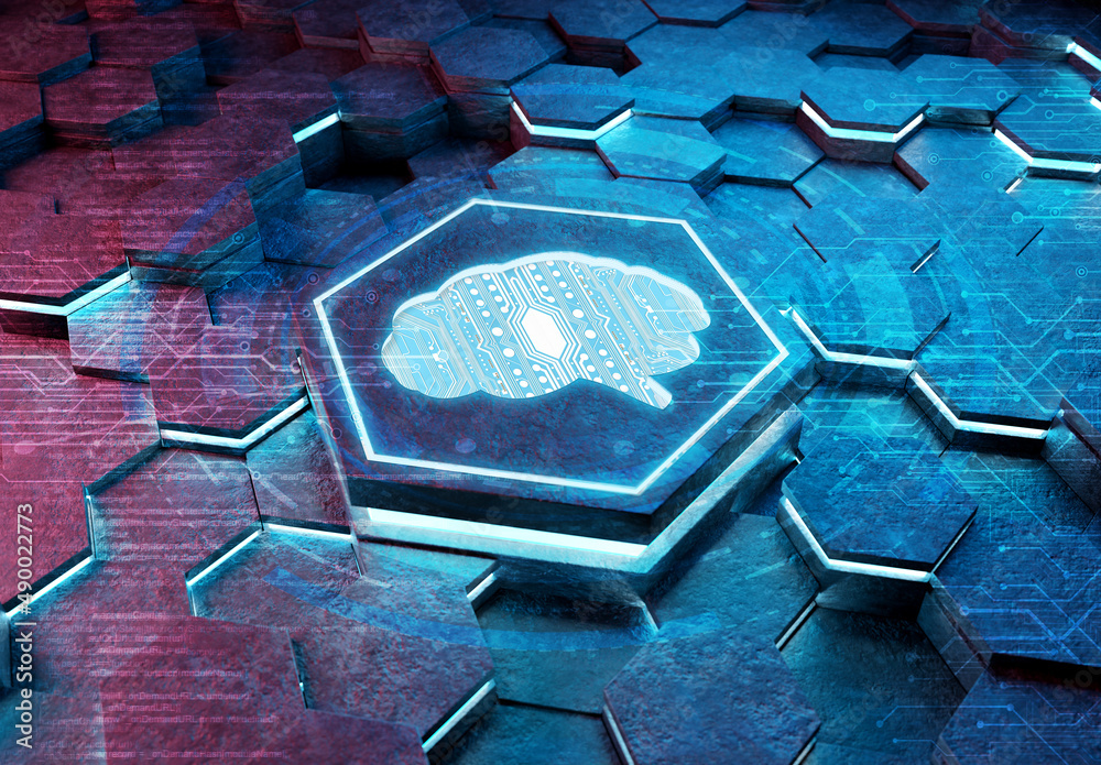 Aufkleber brain icon concept engraved on metal hexagonal pedestral background. artificial intelligence symbol 