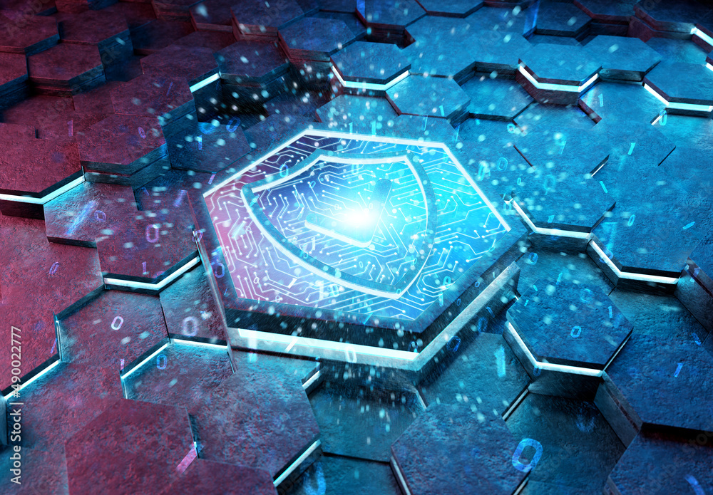Leinwandbilder shield icon concept engraved on metal hexagonal pedestral background. security logo glowing on abstr