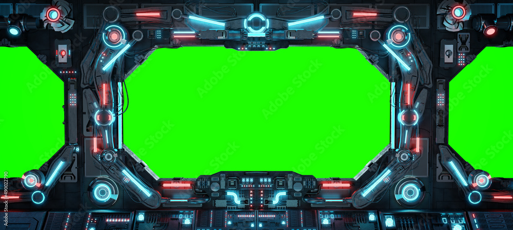 Poster Dark spaceship interior with isolated window. Futuristic spacecraft with glowing blue and red control panels and empty view. 3D rendering
