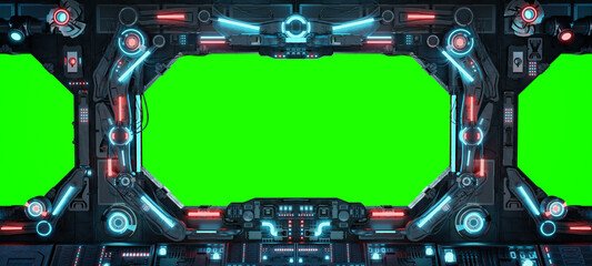 Dark spaceship interior with isolated window. Futuristic spacecraft with glowing blue and red control panels and empty view. 3D rendering © sdecoret