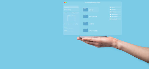 Document management concept. Virtual screen icons Document Management System DMS Online document database, software for efficient archiving, searching and management of company files and data.