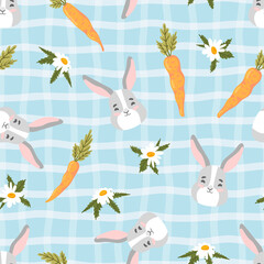 Easter bunny, carrot, chamomile vector seamless pattern. Rabbit, vegetable, flower, holiday texture. Spring background.