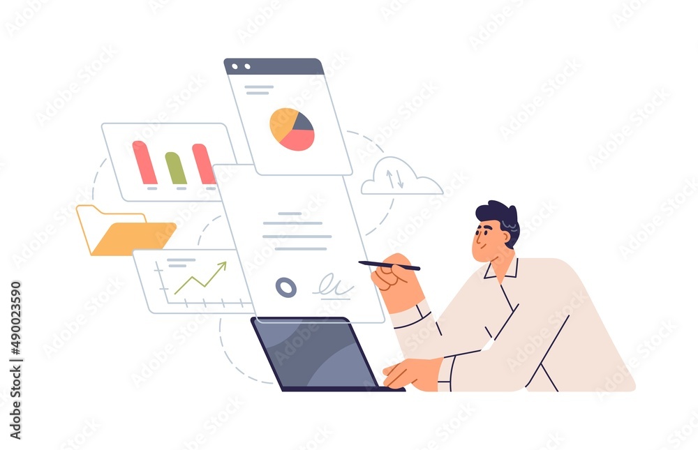 Poster business man signing electronic document online at laptop computer. ceo and financial data, informat