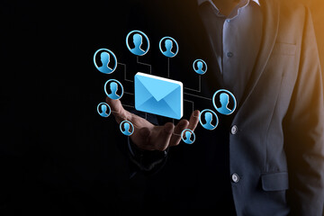 Email and user icon,sign,symbol marketing or newsletter concept, diagram.Sending email.Bulk mail.Email and sms marketing concept. Scheme of direct sales in business. List of clients for mailing.