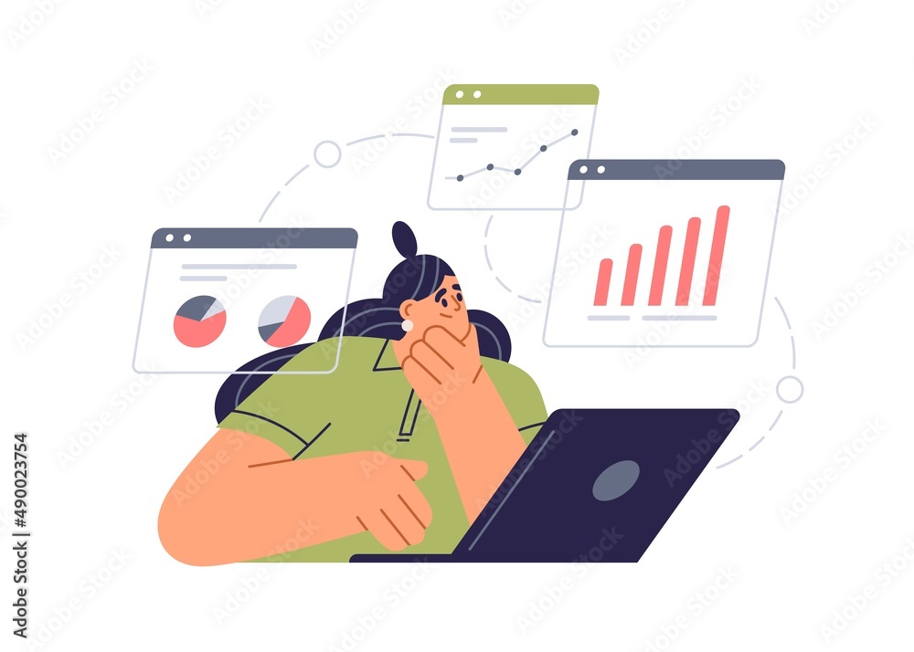 Poster employee works online with business electronic documents, analyzing financial charts and graphs. per