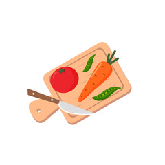 Flat illustration of fresh vegetables on a cutting board.Vector tomatoes, carrots, green peas, a knife. Fresh vegetables on a white background.Healthy food