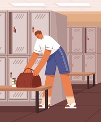 Athlete with bag in gyms dressing room with lockers, cabinets and bench. Young man changing clothes for workout in fitness club. Sportsman in cloakroom, wardrobe. Flat vector illustration