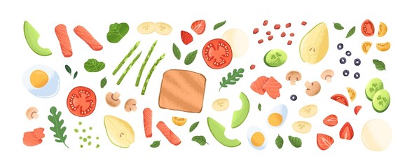Vegetable, fruits, greens and berries pieces. Healthy food set. Toast slice and fresh ingredients, asparagus, avocado, eggs, tomato, mushroom. Flat vector illustration isolated on white background
