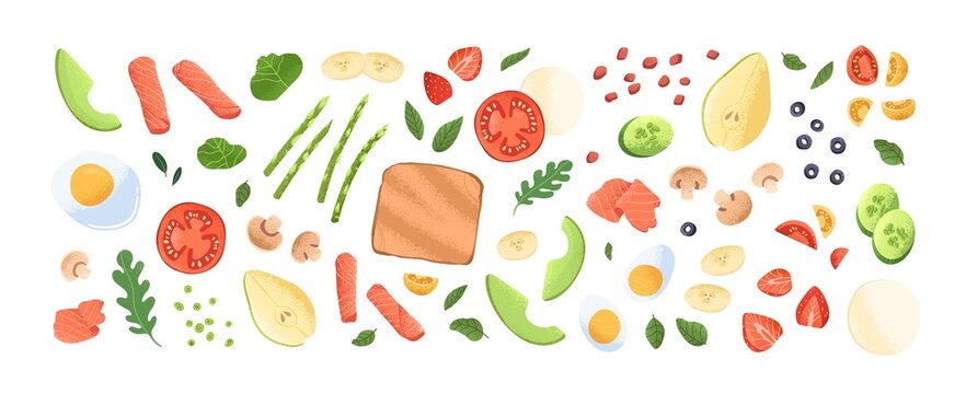 Vegetable, fruits, greens and berries pieces. Healthy food set. Toast slice and fresh ingredients, asparagus, avocado, eggs, tomato, mushroom. Flat vector illustration isolated on white background