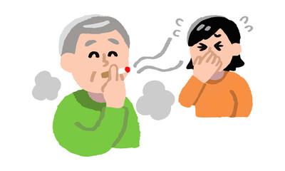 タバコを吸うシニア男性と煙たがる女性
