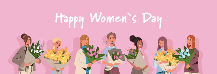mix race girls holding bouquets of flowers 8 march happy womens day celebration concept horizontal