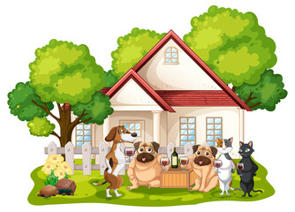 Obraz na płótnie Canvas Many dogs and cats drinking wine at home