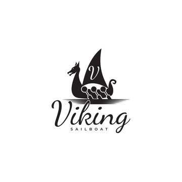 Vintage vector sailing Viking ship with V Logo design on the sails