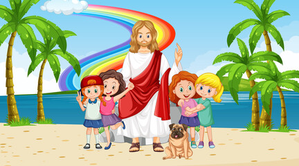 Jesus and children at the beach