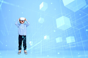 Child in formal suit is wearing vr helmet. Geometrical figures