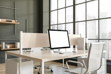 Fototapeta na wymiar Corner view on dark office interior with desk with desktop