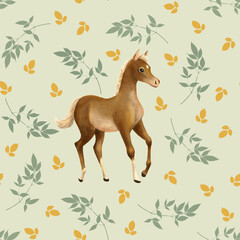 Amazing cute hand drawn botanical seamless pattern with green and orange leaves and branches and a nice little baby horse  isolated on light green. Perfect for children design