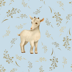 Amazing cute hand drawn botanical seamless pattern with a nice little baby goat isolated on light blue. Perfect for children design