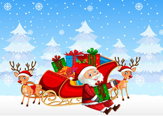 Santa Claus with reindeer sleigh on snowy blue background