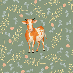 Amazing cute hand drawn botanical seamless pattern with yellow, blue and pink leaves and branches and a nice little orange baby  cow isolated on light green. Perfect for children design