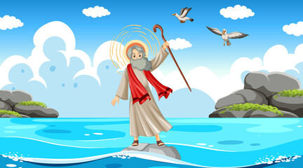 Obraz na płótnie Canvas Moses cartoon character with sea background