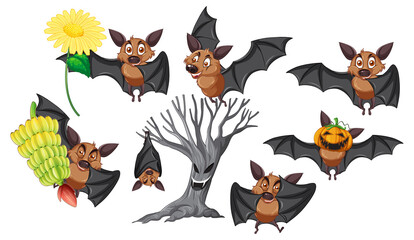Set of different poses of bats cartoon characters