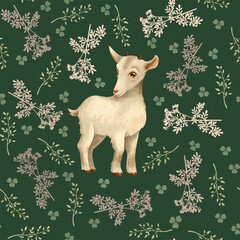 Amazing cute hand drawn botanical seamless pattern with green pink leaves and branches and a nice little baby goat isolated on dark green. Perfect for children design