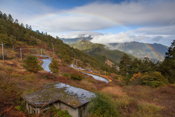 Beautiful autumn scenery in Taiwan, The fallen leaves beautiful color picture, Asia - Beautiful landscape of highest mountains blue sky in fall seaon at Taroko National Park, Taiwan